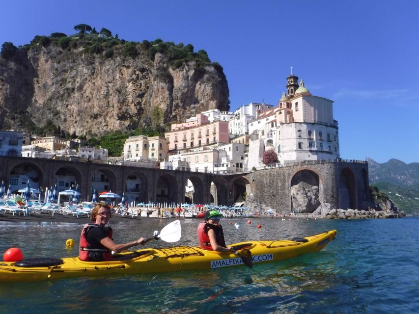 Amalfi Coast: Kayak Tour with Snorkeling and Grottoes Visit - Conca dei Marini from sea level: Sophia Loren, Il Saraceno, and Santa Rosa views
